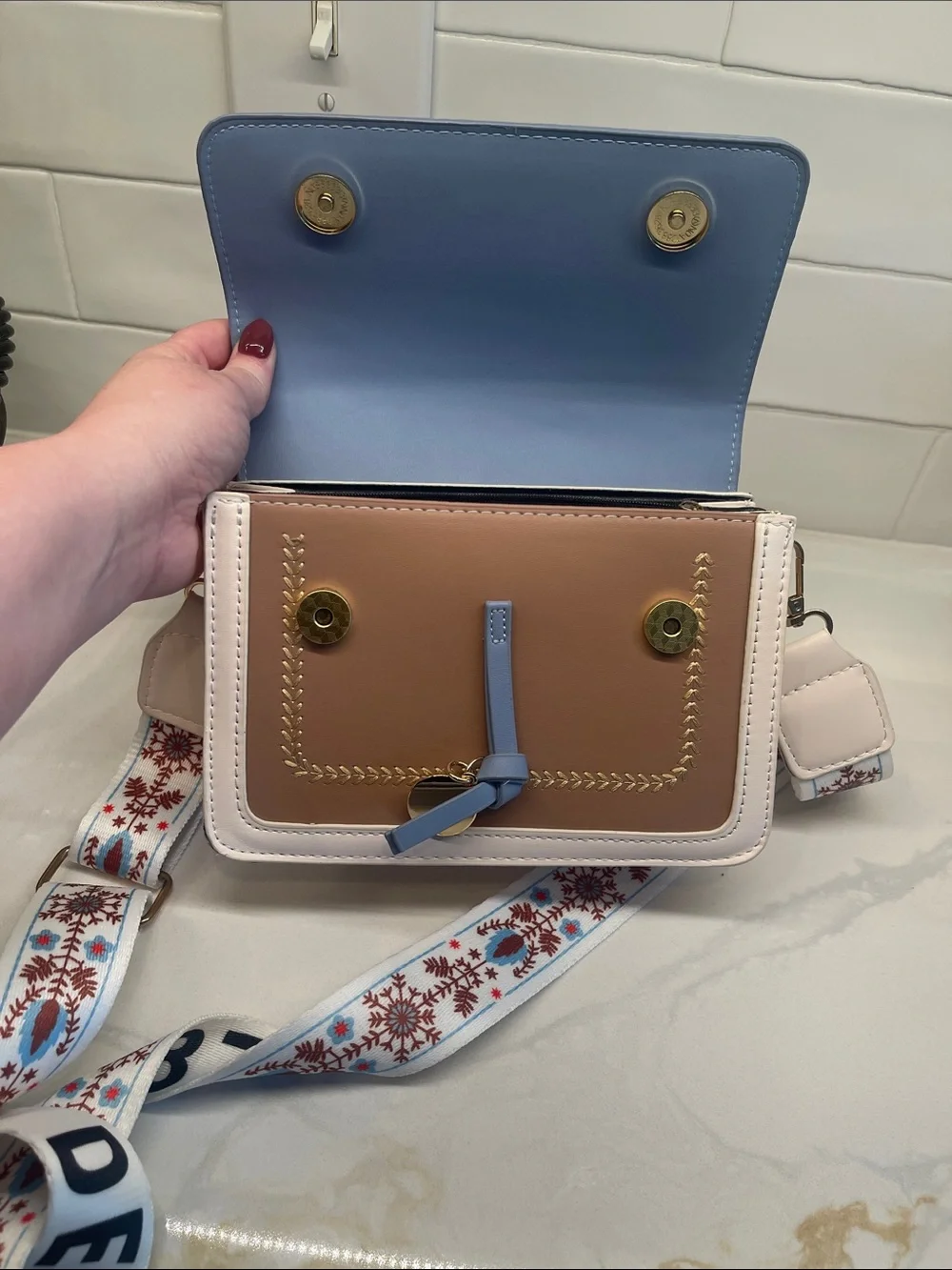 SHEIN Blue and Cream Crossbody Bag with Patterned Strap